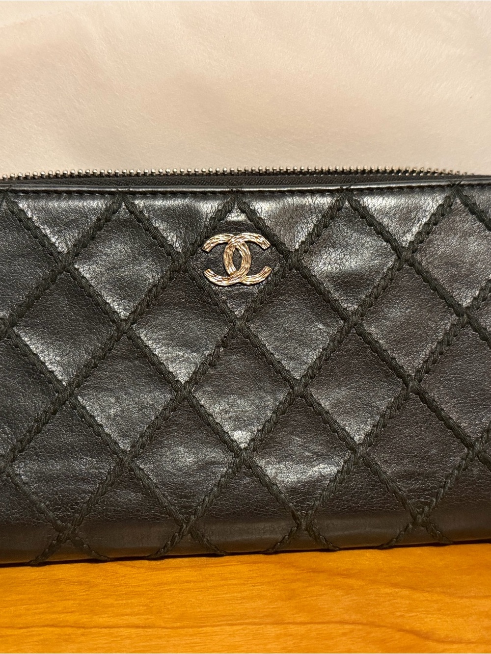 CHANEL Black Quilted Leather Zip Clutch with Silver CC